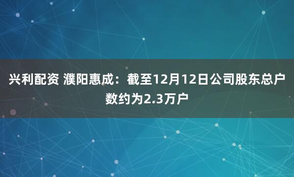 兴利配资 濮阳惠成：截至12月12日公司股东总户数约为2.3万户